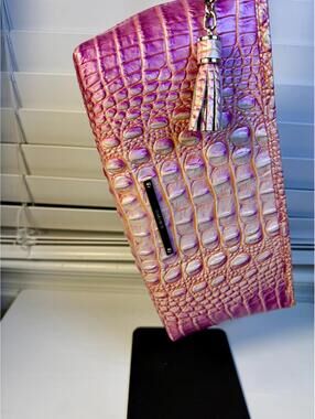 Brahmin Iridescent Pink Croc Embossed Leather Tassel Zip Top Clutch Bag Wrislett